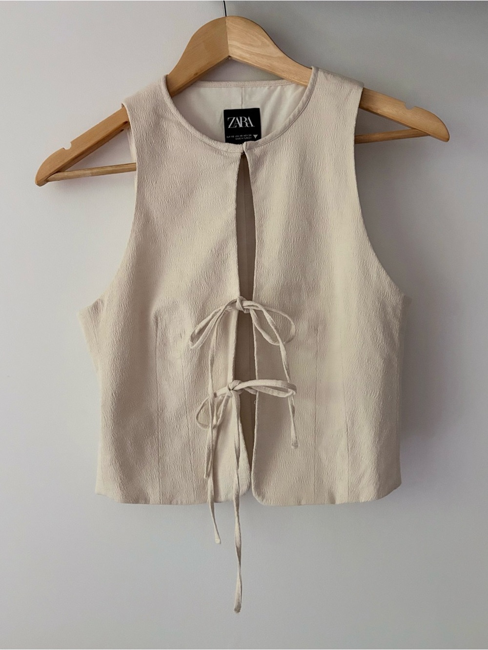 Zara Fitted Tied Vest Top in Cream Size XS Cotton Linen Blend Tank